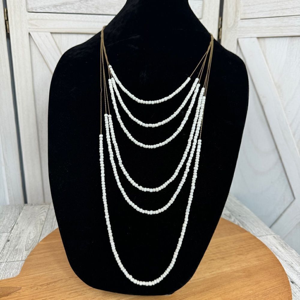 Multistrand Beaded Necklace Fashion White Goldtone Long Bib Statement